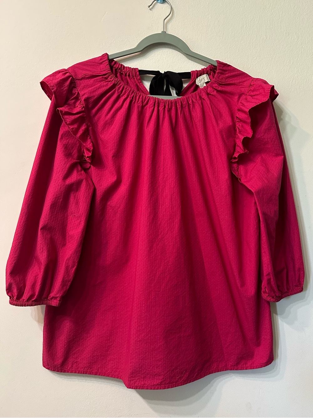 LOFT Pink Cotton Ruffle Blouse L Open Back Black Bow Tie Fuchsia Textured Top